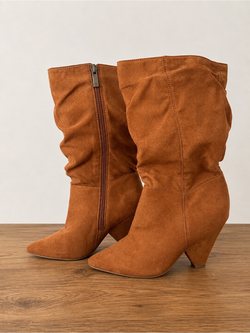 BAMBOO Slouchy Pointed-Toe Mid-Calf Boots in Rust